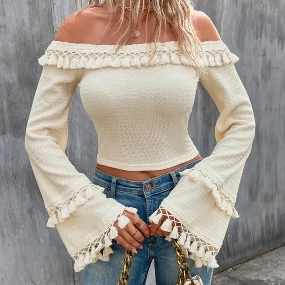 Boho Off Shoulder Tassel Detail Cropped Top - Picture 2 of 13